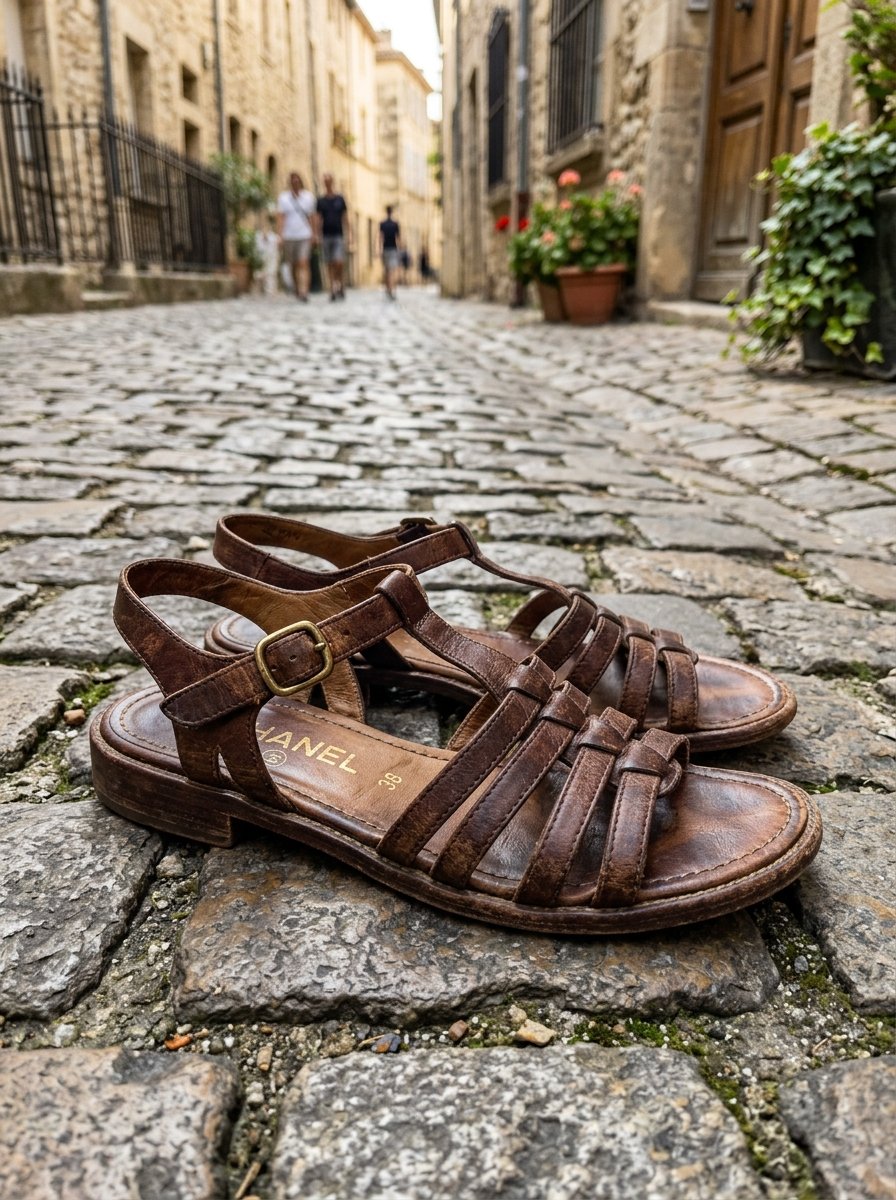 Close up of vintage brown leather sandals sitting on a rustic stone street with blurred pedestrians in the background.