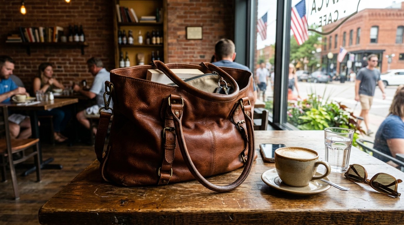 Close-up of a brown leather handbag, coffee cup, water glass, and sunglasses sitting on a rustic wooden table.