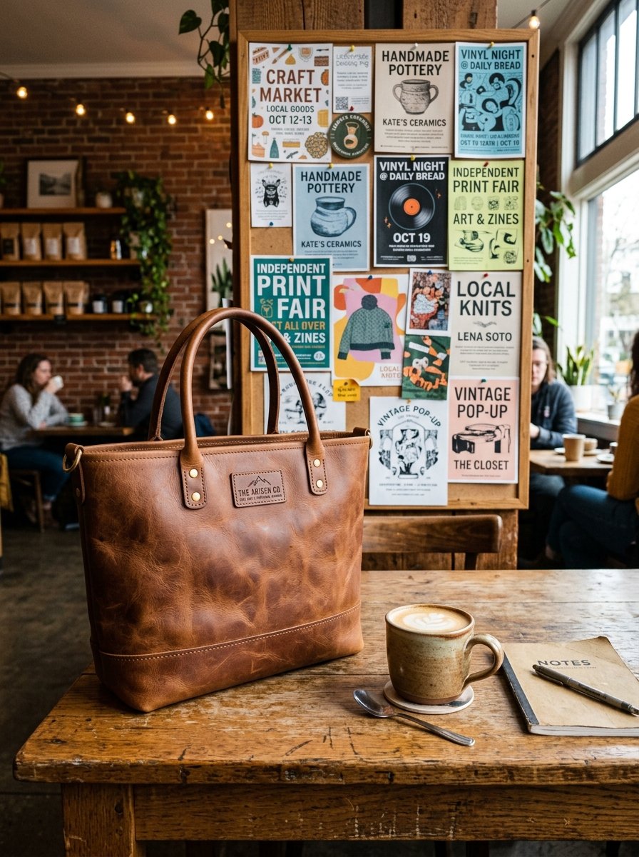 Distressed leather tote bag next to a latte and notebook on a cafe table with a flyer-covered bulletin board behind.