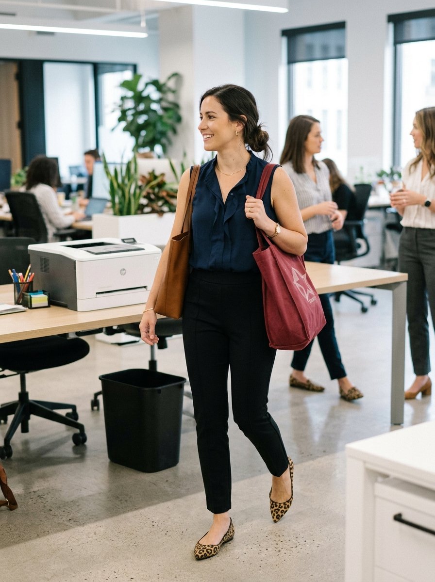 Smiling female office worker in a navy top and leopard print flats walking through an open workplace.