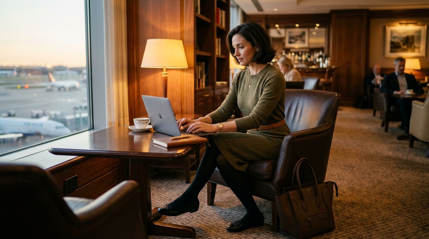 A woman in a green dress works on her computer at a table by an airport window with planes in the background.