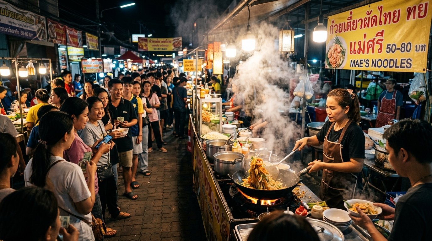 A woman cooks noodles in a large wok at a glowing night market stall while customers wait in line.