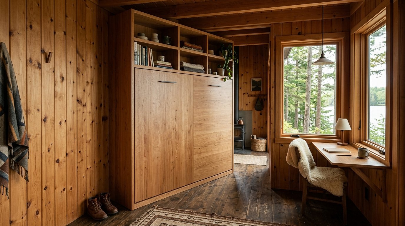 Rustic room with cedar paneling, a large wooden storage cabinet, and a desk overlooking a forest and lake.