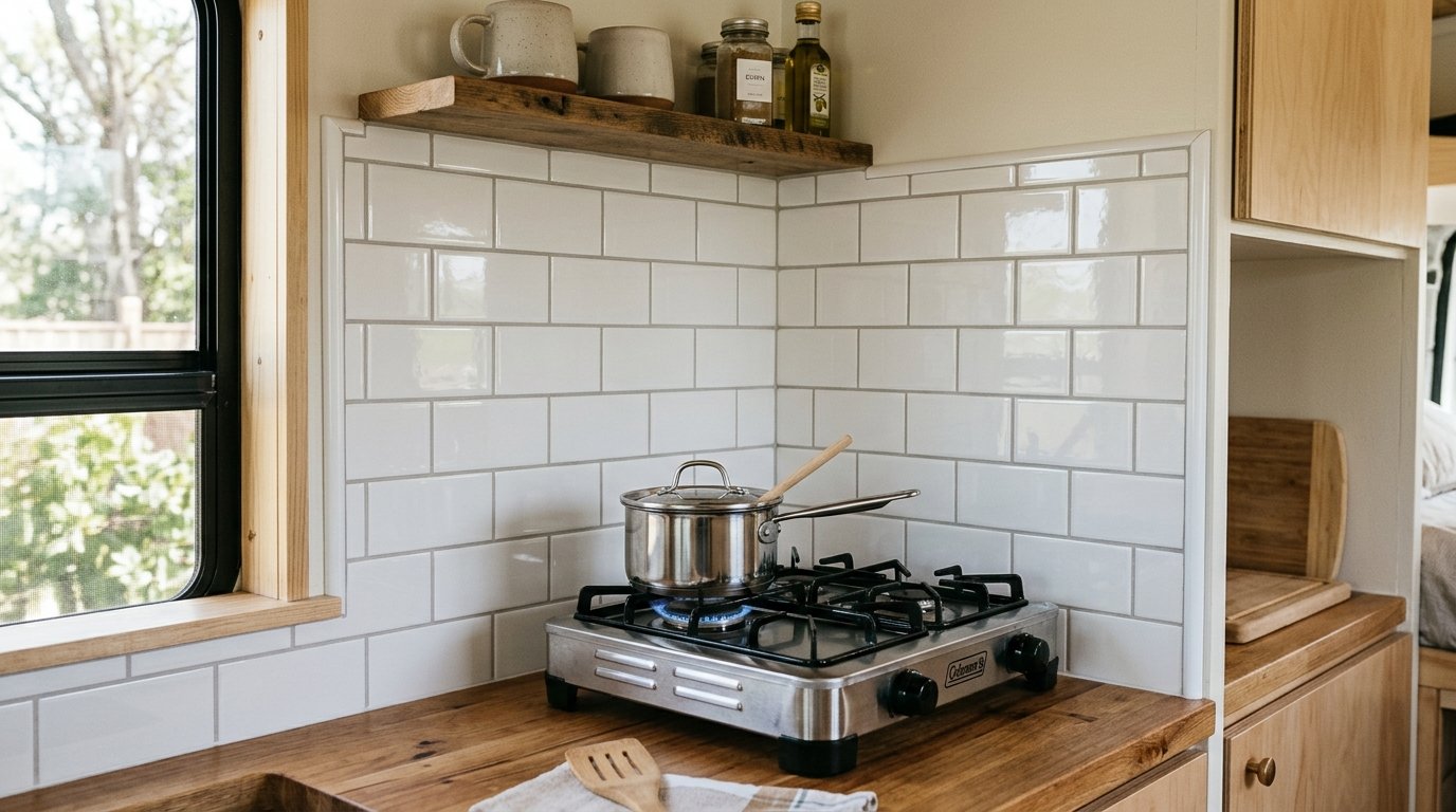 A silver camping stove sits on a wooden countertop in front of white subway tiles inside a van conversion.
