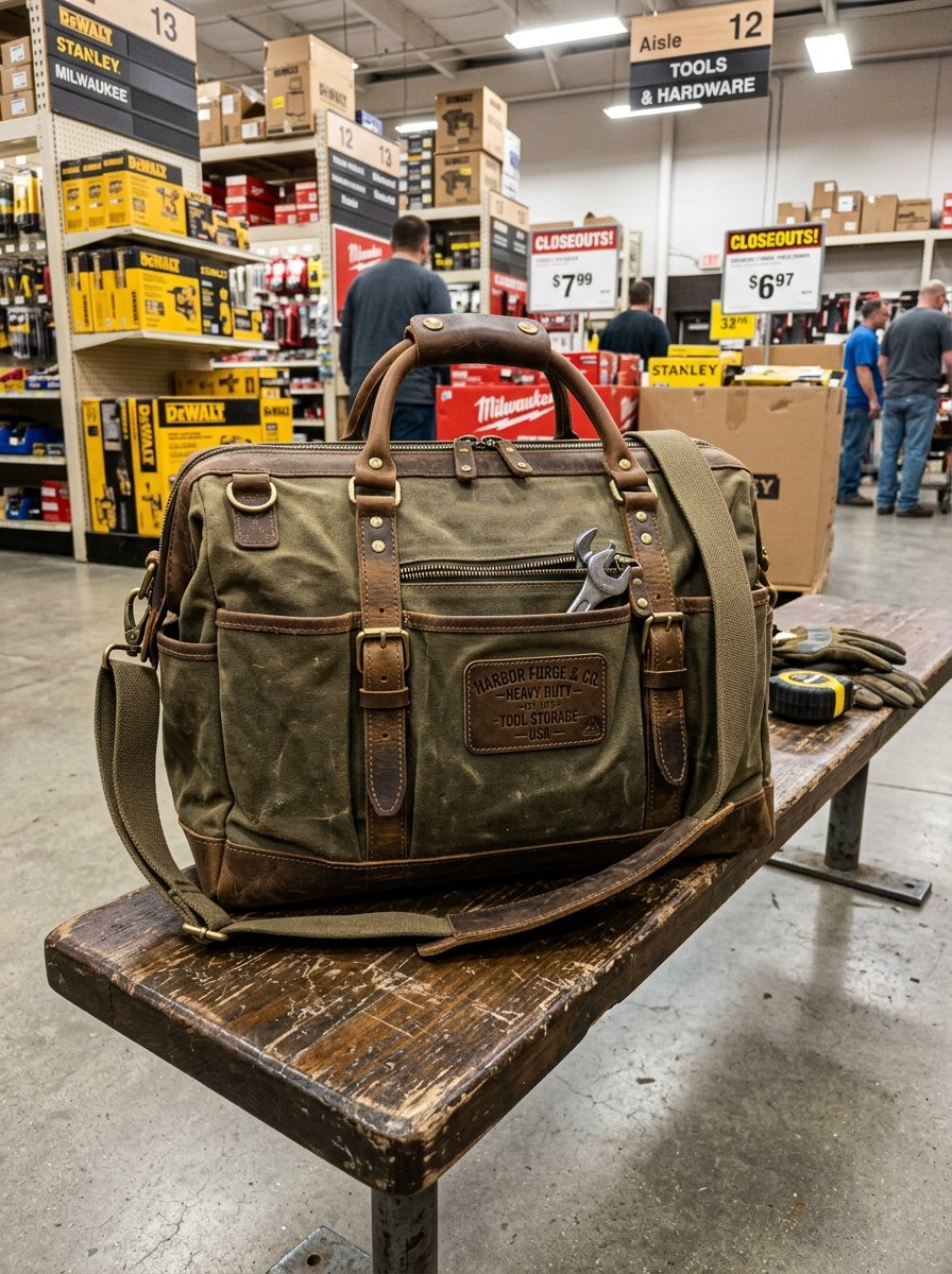 A waxed olive canvas and brown leather Harbor Forge tool bag resting on a rustic wooden bench inside a hardware store.
