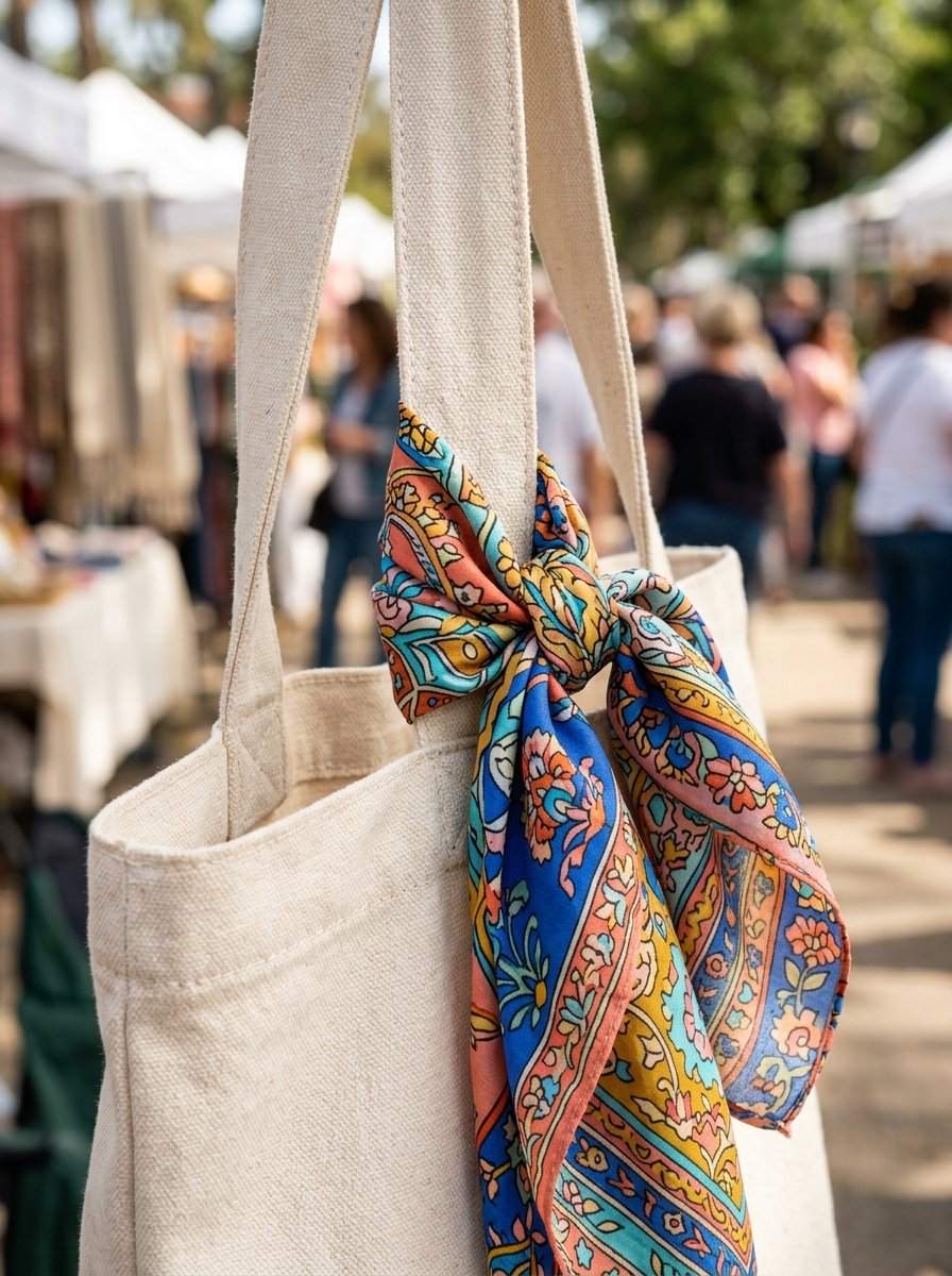 A beige canvas bag strap decorated with a colorful paisley and floral silk scarf at an outdoor market.