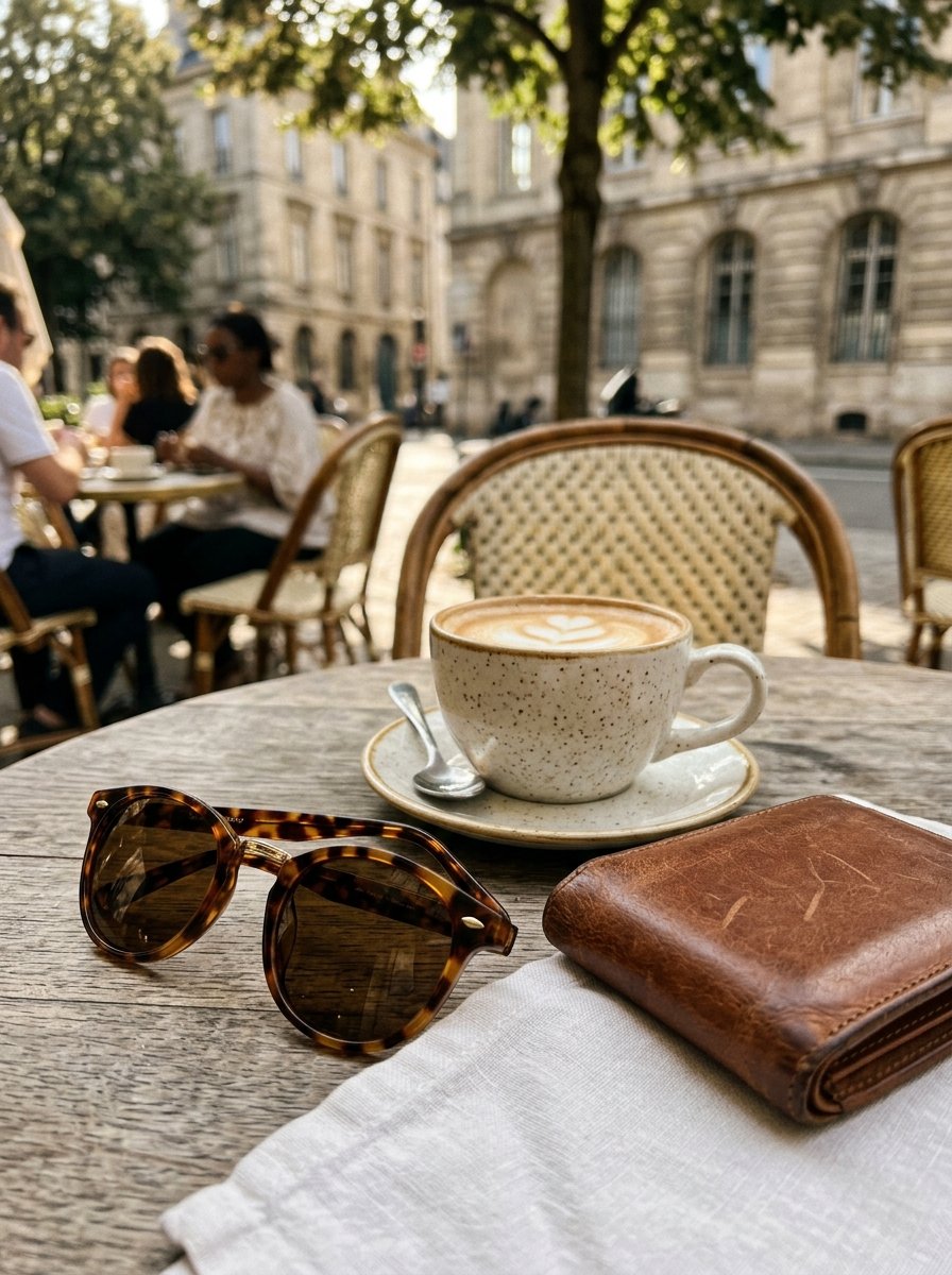 A speckled ceramic mug of latte art, tortoiseshell sunglasses, and a leather wallet on a wooden bistro table.