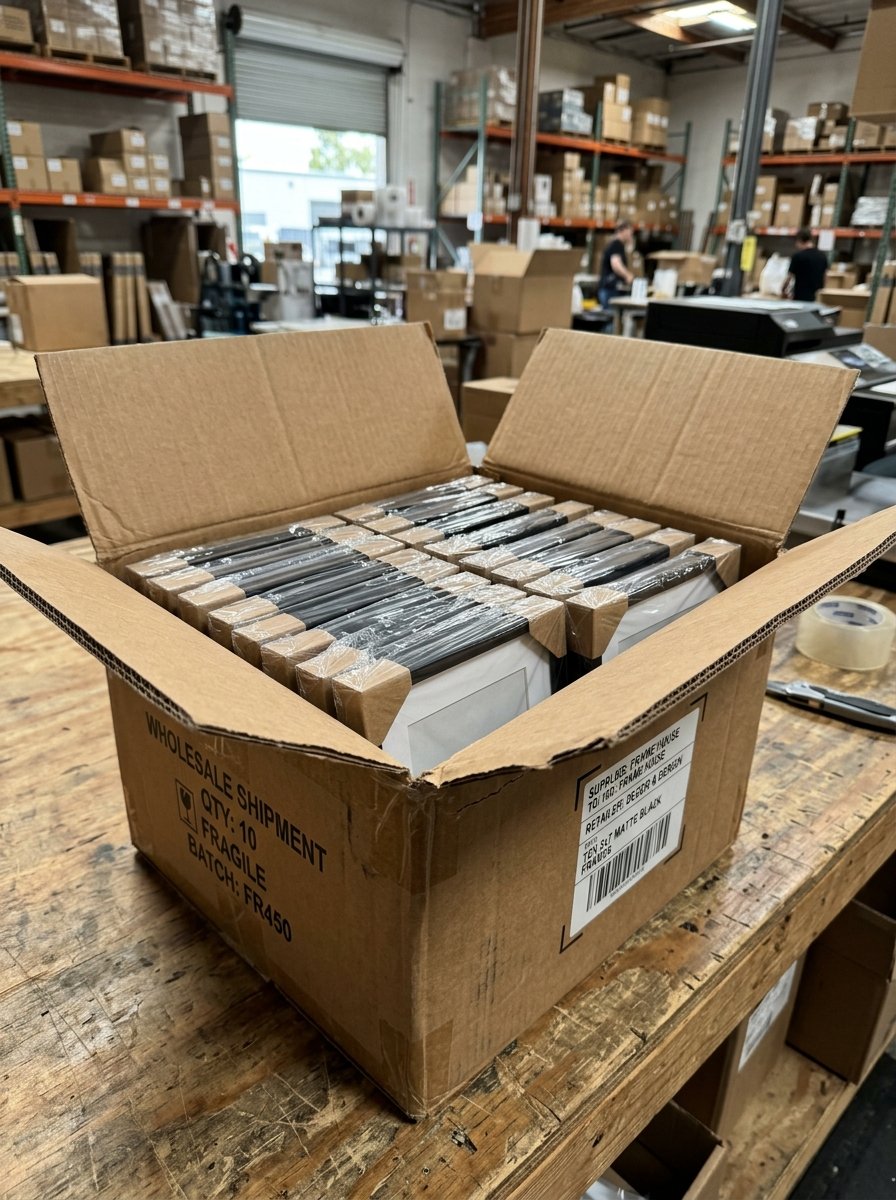 A brown cardboard box on a workbench containing ten black picture frames wrapped in protective plastic corners.