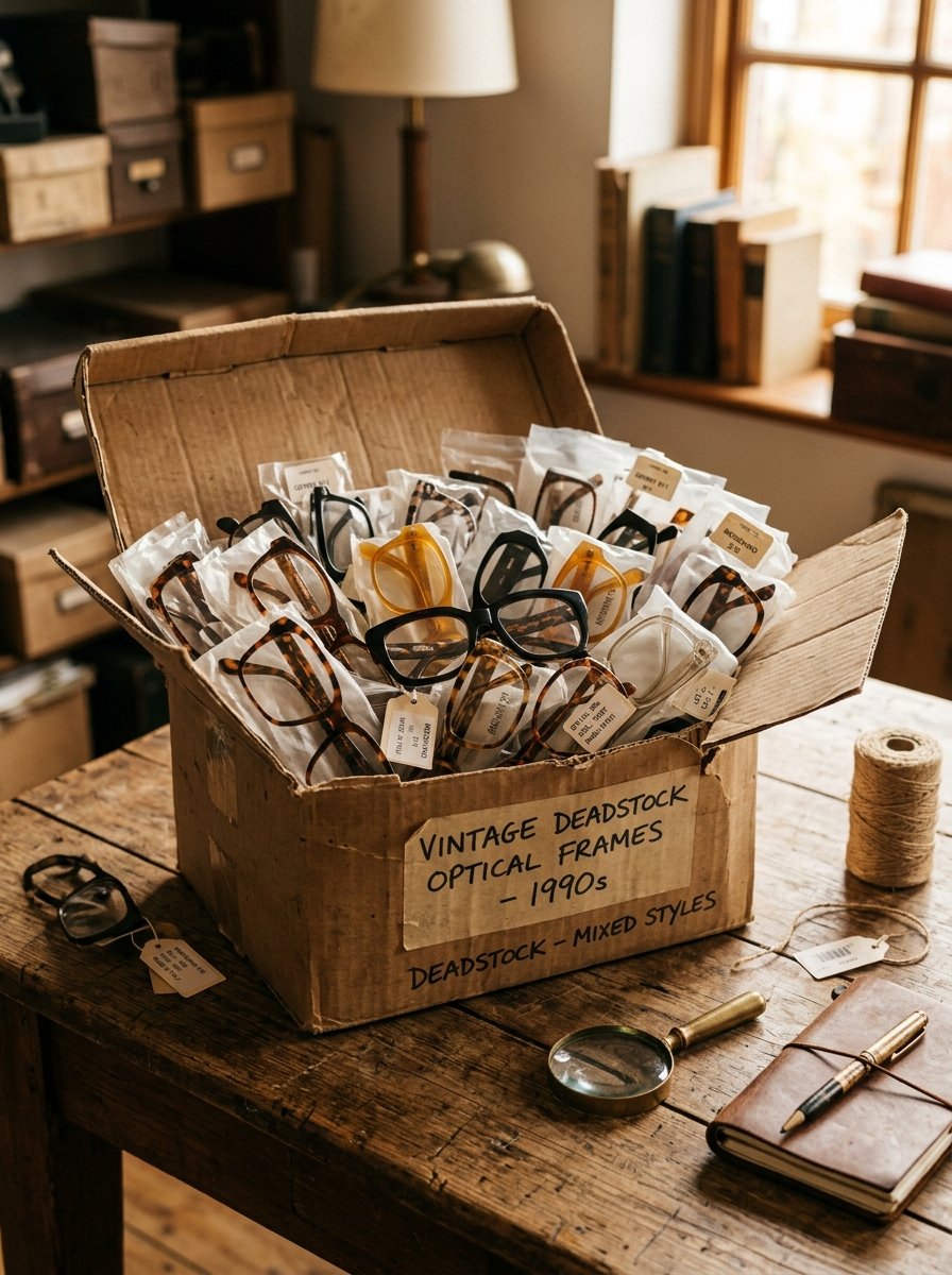 Cardboard box filled with individually wrapped vintage eyeglasses sitting on a rustic wooden office table.