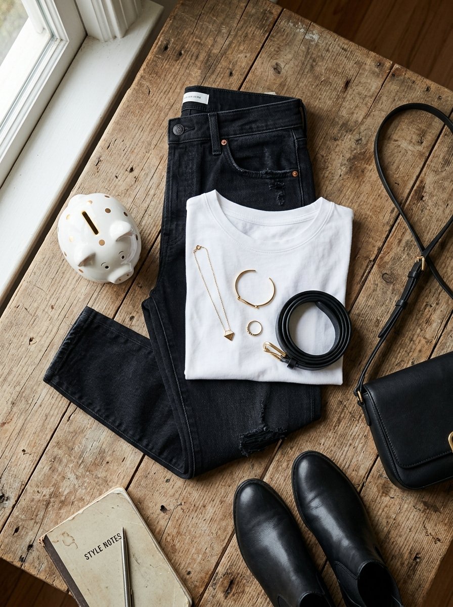 Black jeans, white t-shirt, leather boots, purse, gold jewelry, and a piggy bank on a rustic wood table.