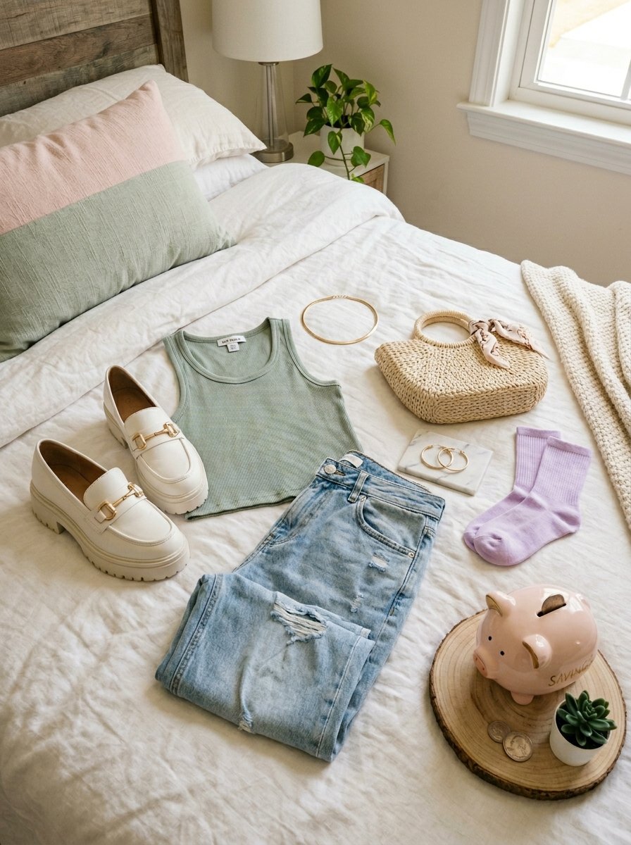 A sage tank, light wash ripped jeans, white loafers, and a straw purse laid out on a bed with a piggy bank.