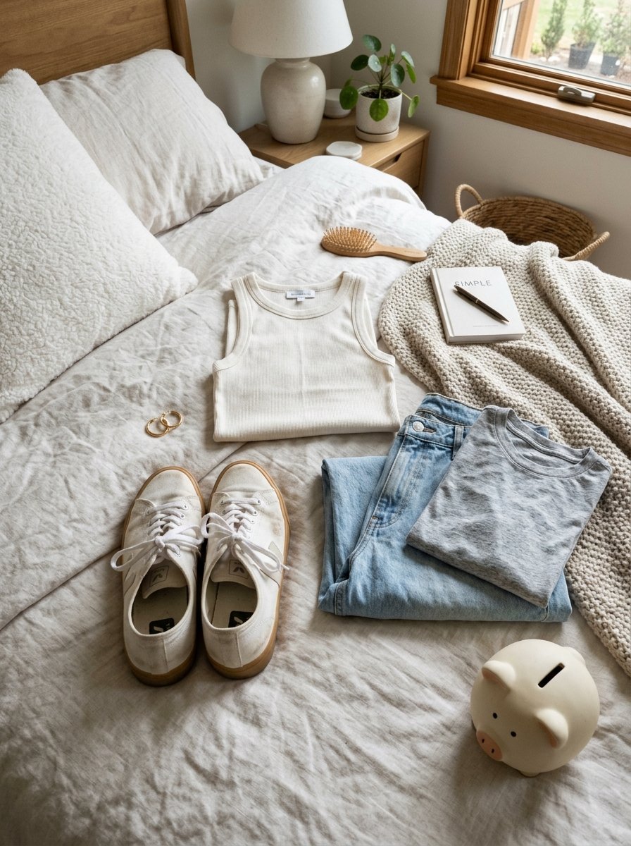 White tank top, blue jeans, gray tee, and sneakers laid out on a beige linen bedspread.