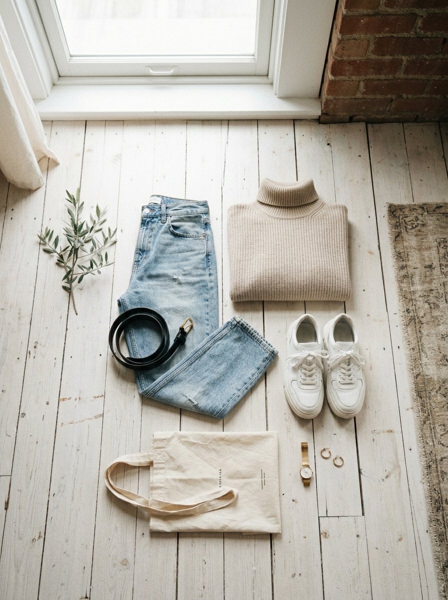 A flat lay of blue jeans, beige sweater, white sneakers, black belt, tote bag, and jewelry on a wooden floor.