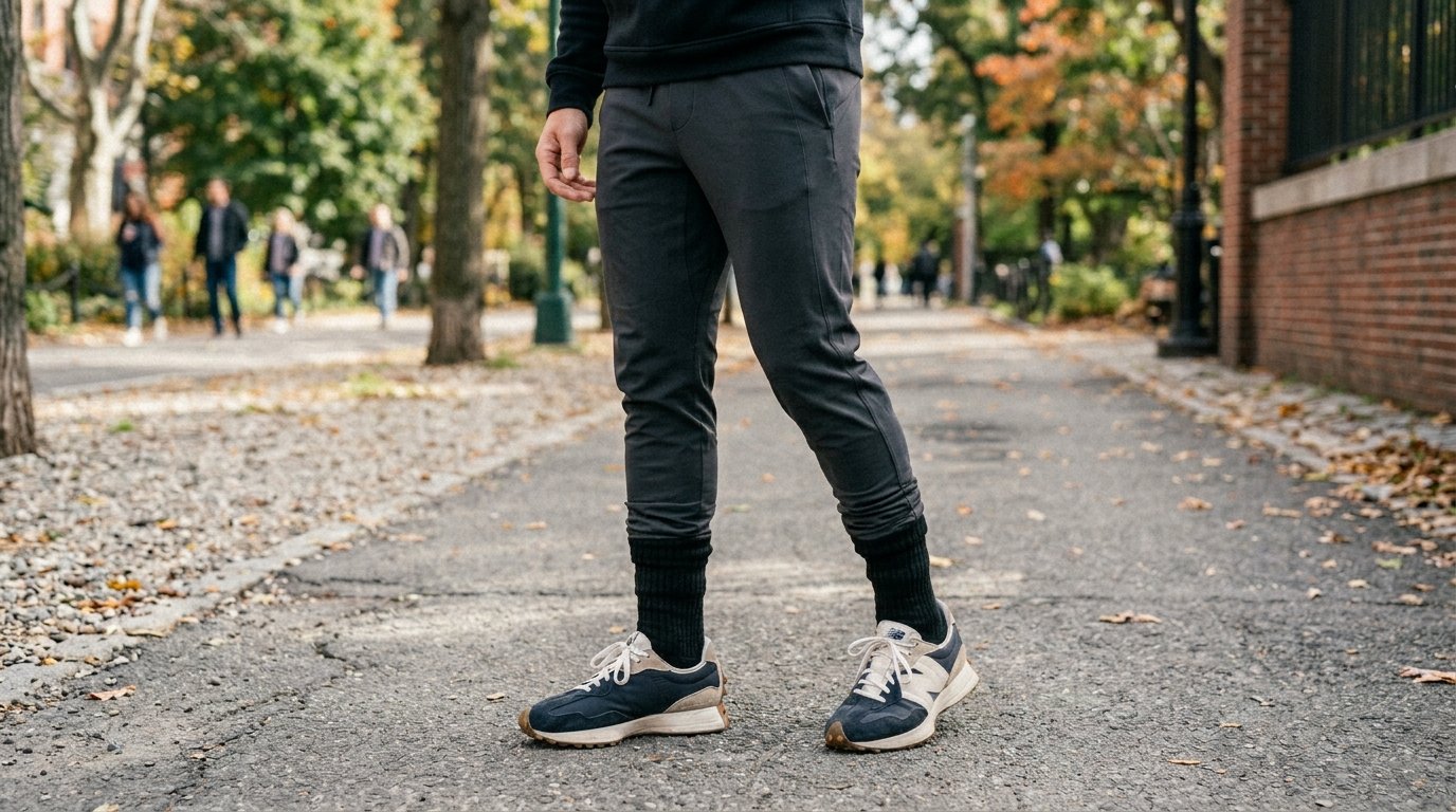 Close up of a person wearing charcoal joggers, black socks, and blue and white New Balance sneakers on a path.