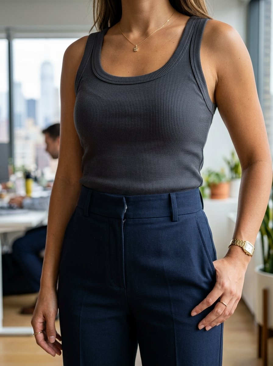 A woman in a grey ribbed tank top and dark blue slacks standing in an office with a gold watch.