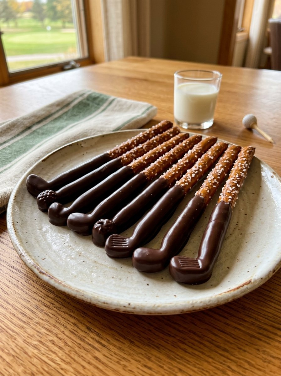 A plate of pretzel rods shaped like golf clubs with chocolate heads and salty handles next to a small glass of milk.