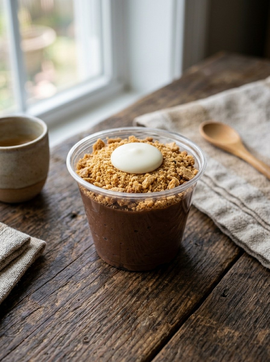 Chocolate mousse served in a clear container topped with golden cookie crumbs and a dollop of cream on wooden table.