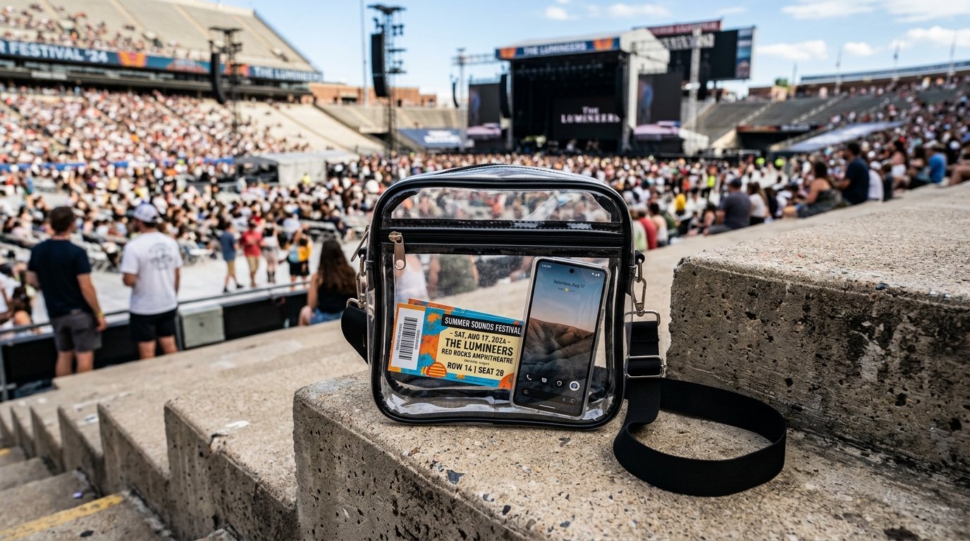 A transparent shoulder bag sitting on a concrete ledge with a concert ticket and smartphone visible inside.