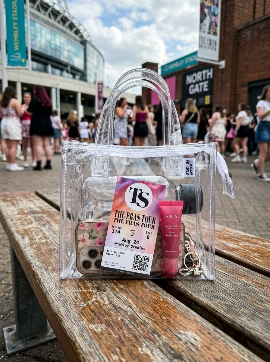 A transparent bag on a wooden bench containing a phone, lip balm, and an Eras Tour ticket outside Wembley Stadium.