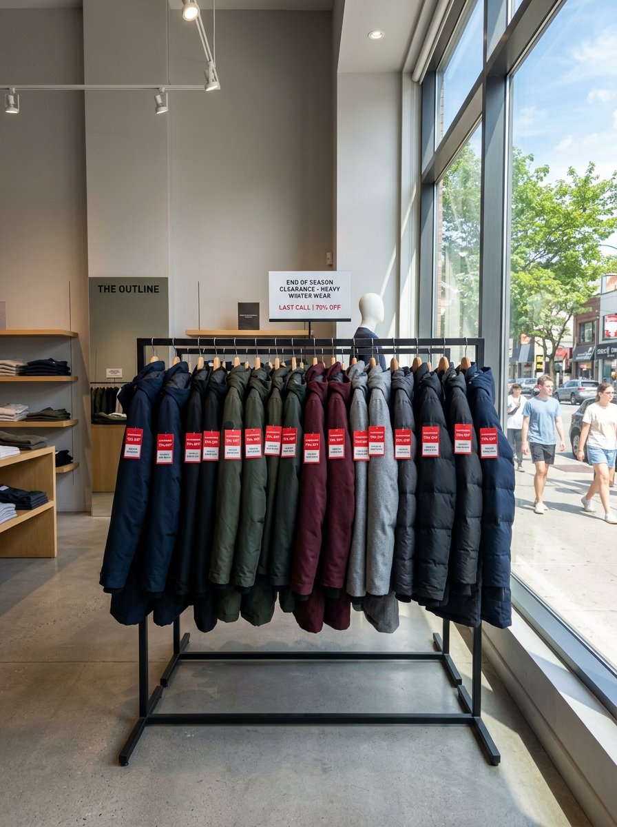 A metal rack displays various winter jackets with clearance price tags in a bright retail store window.