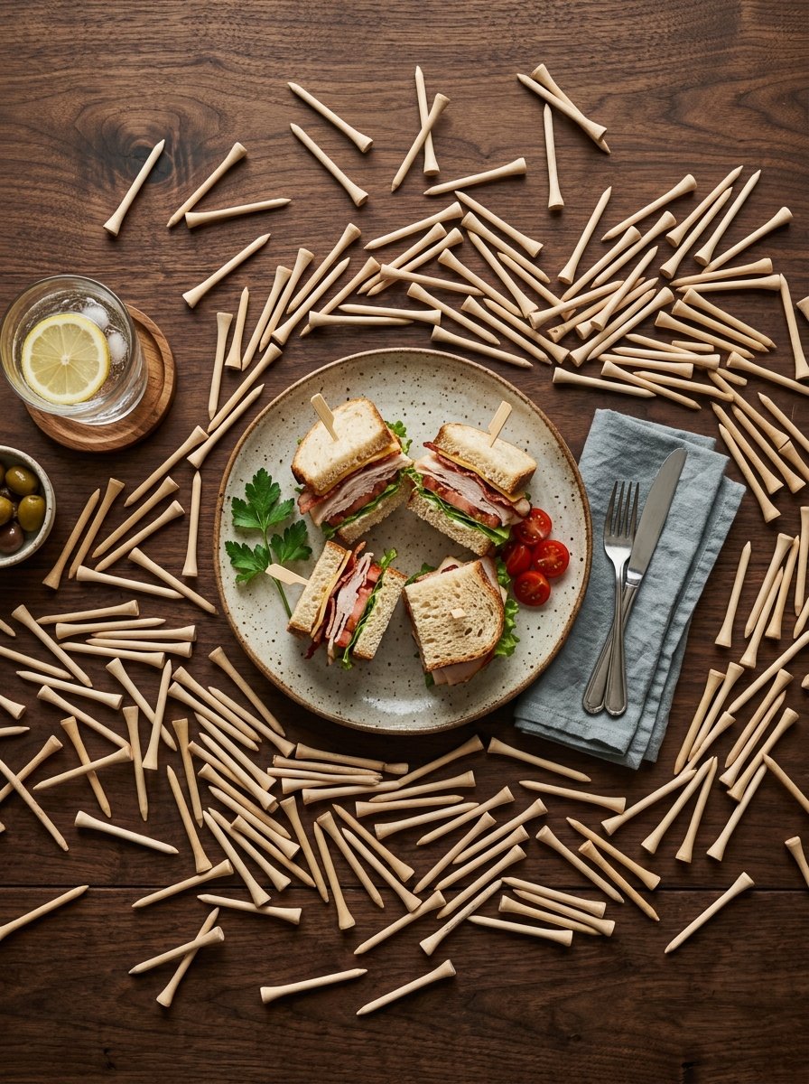 Four quarters of a clubhouse sandwich on a ceramic plate surrounded by dozens of wooden golf tees on a wooden table.