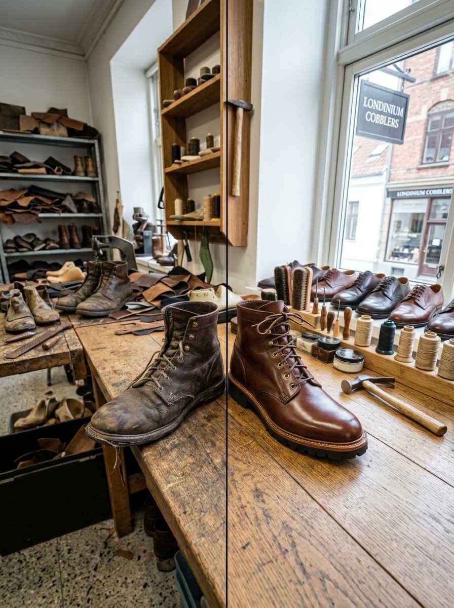 Split screen image showing a scuffed brown leather boot versus a polished, refurbished version on a workbench.
