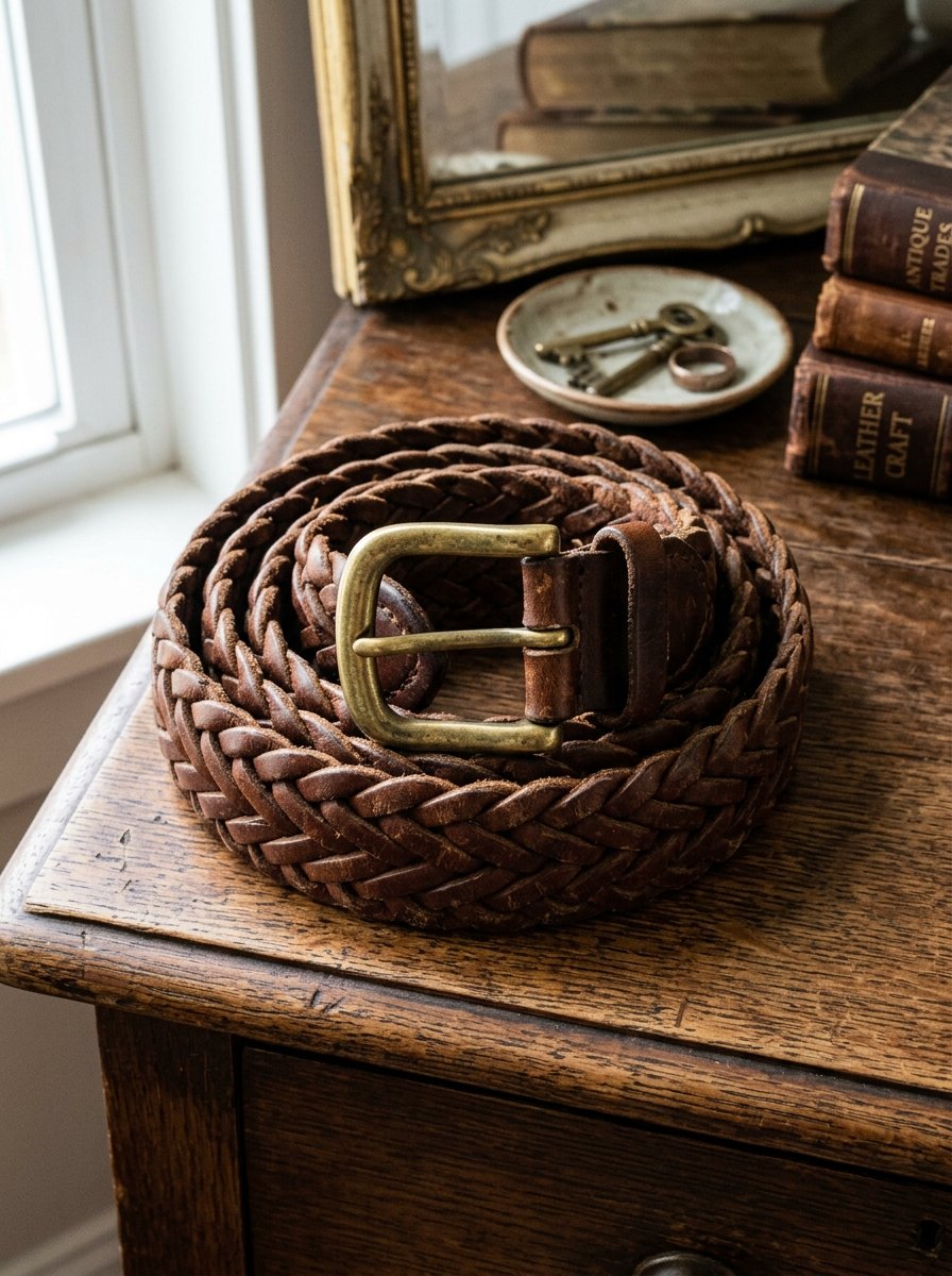 Close up of a coiled brown woven leather belt featuring a weathered brass buckle resting on a dark wood surface.