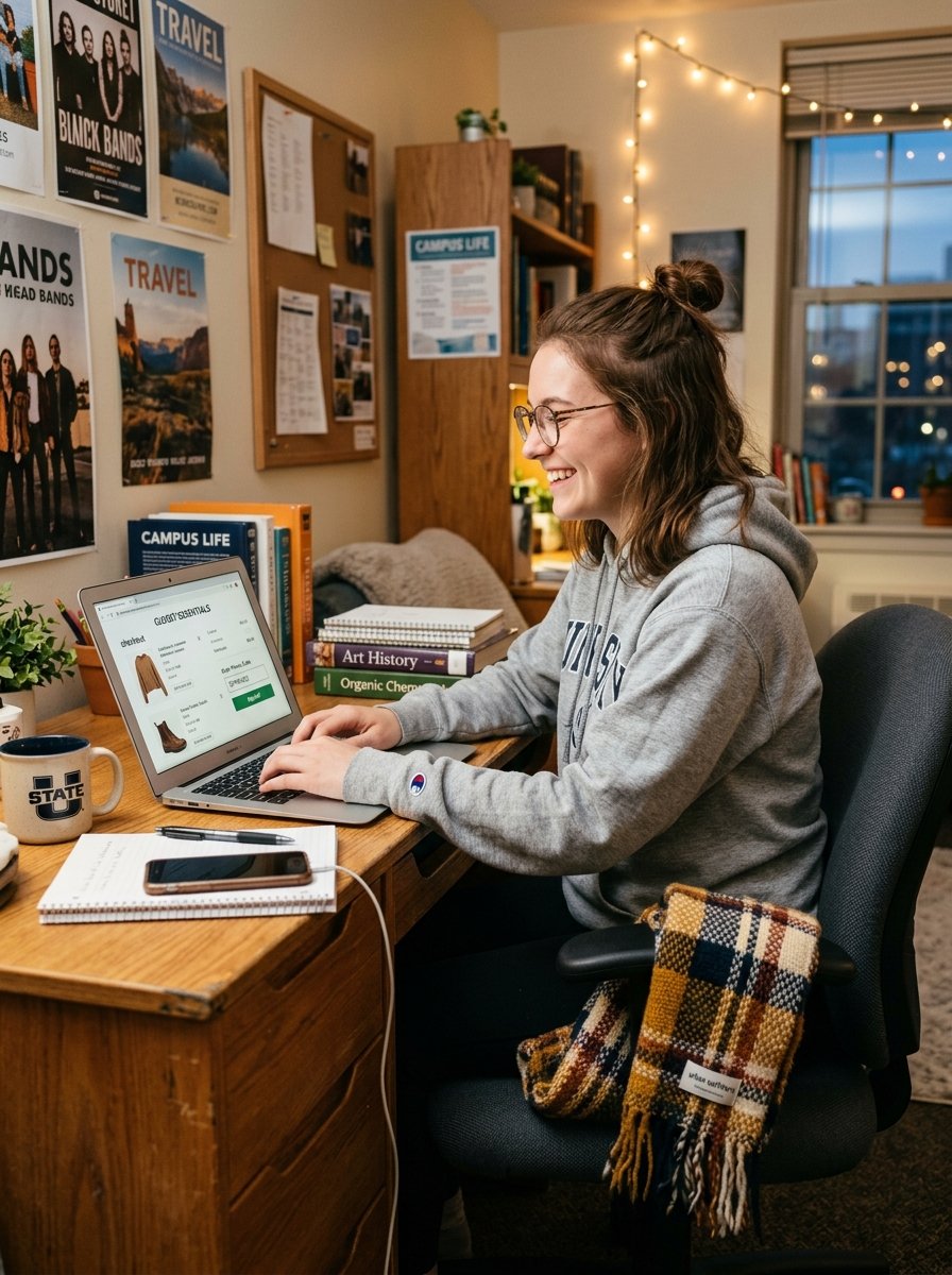 Smiling female student using a laptop in her dorm room with textbooks and string lights in the background.