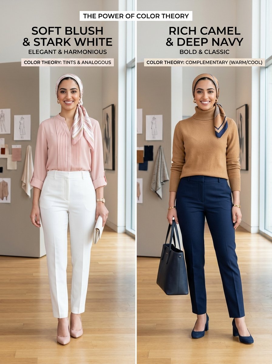 Split view showing a woman modeling blush-white attire versus camel-navy clothing combinations.