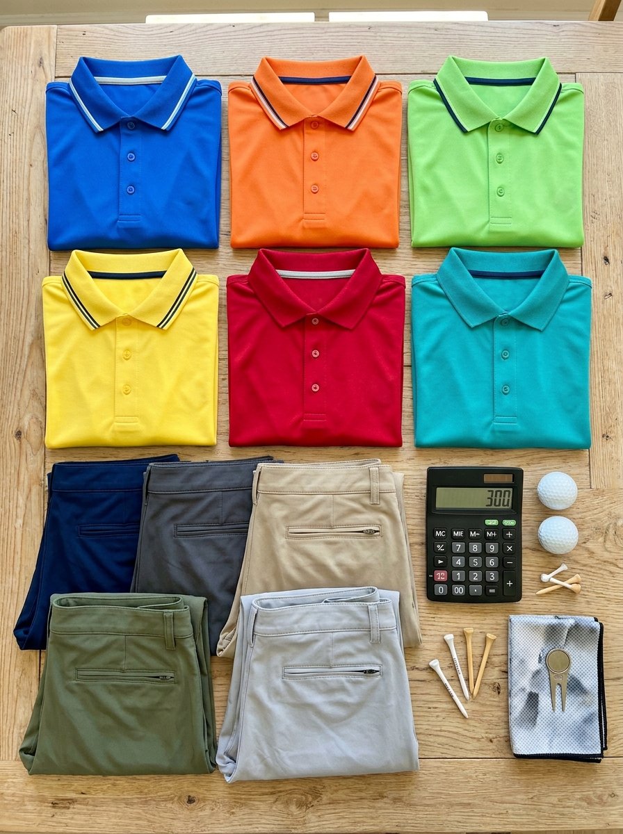 Top-down view of six colorful polo shirts, four pairs of trousers, a calculator, golf balls, tees, and a towel.