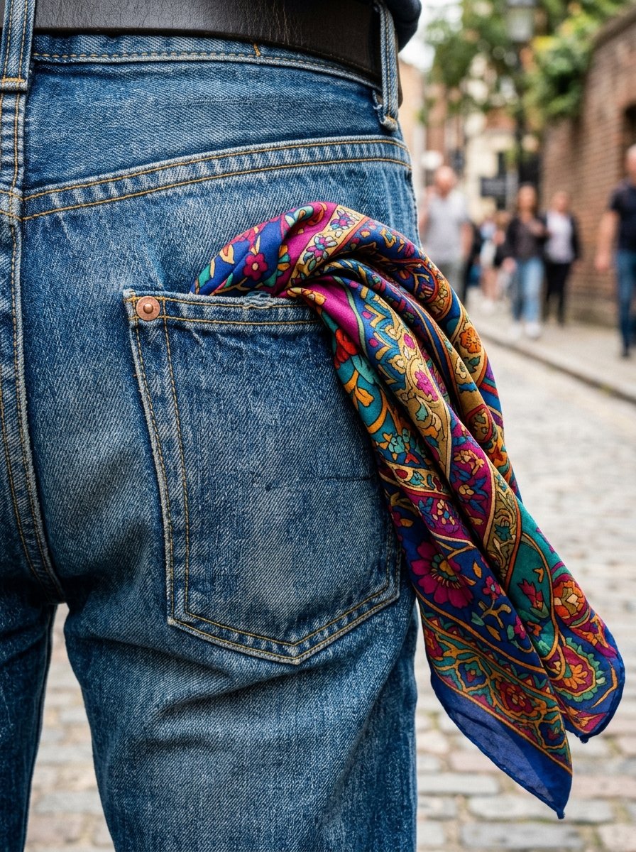 Close up of a patterned silk handkerchief spilling out of the back pocket of blue denim jeans on a city street.