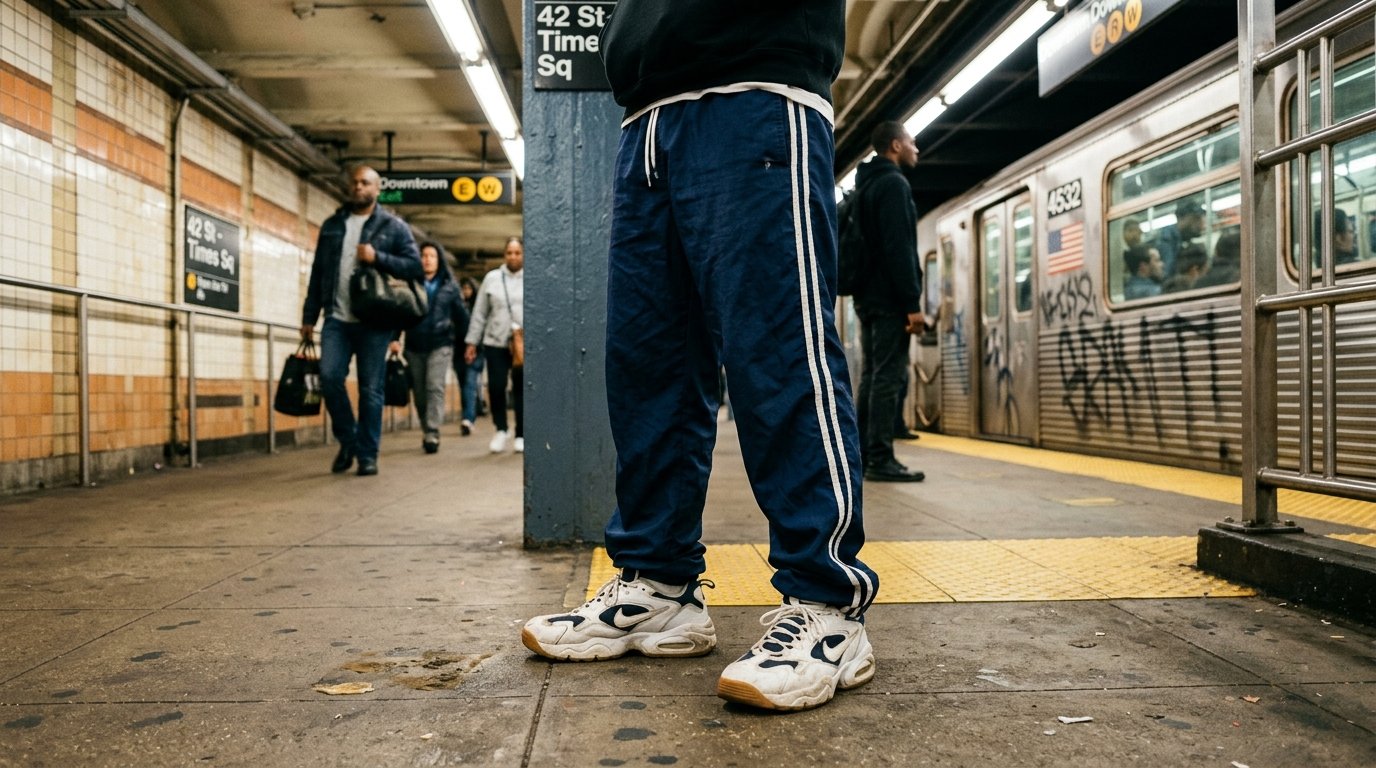 Close up of a person's legs wearing blue track pants and white Nike sneakers on a subway platform.