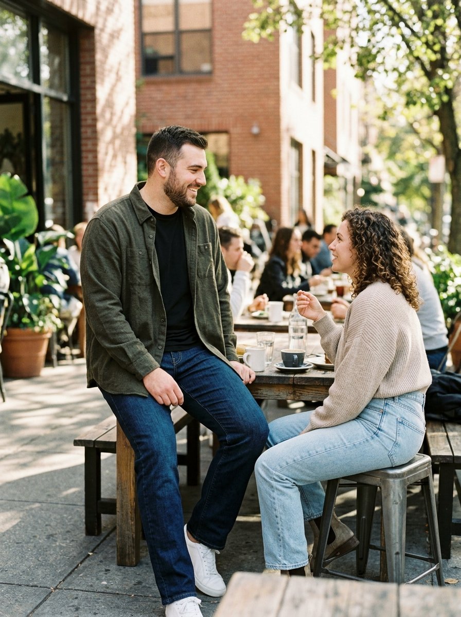 A man and woman sitting at an outdoor wooden table at a cafe talking while drinking coffee.