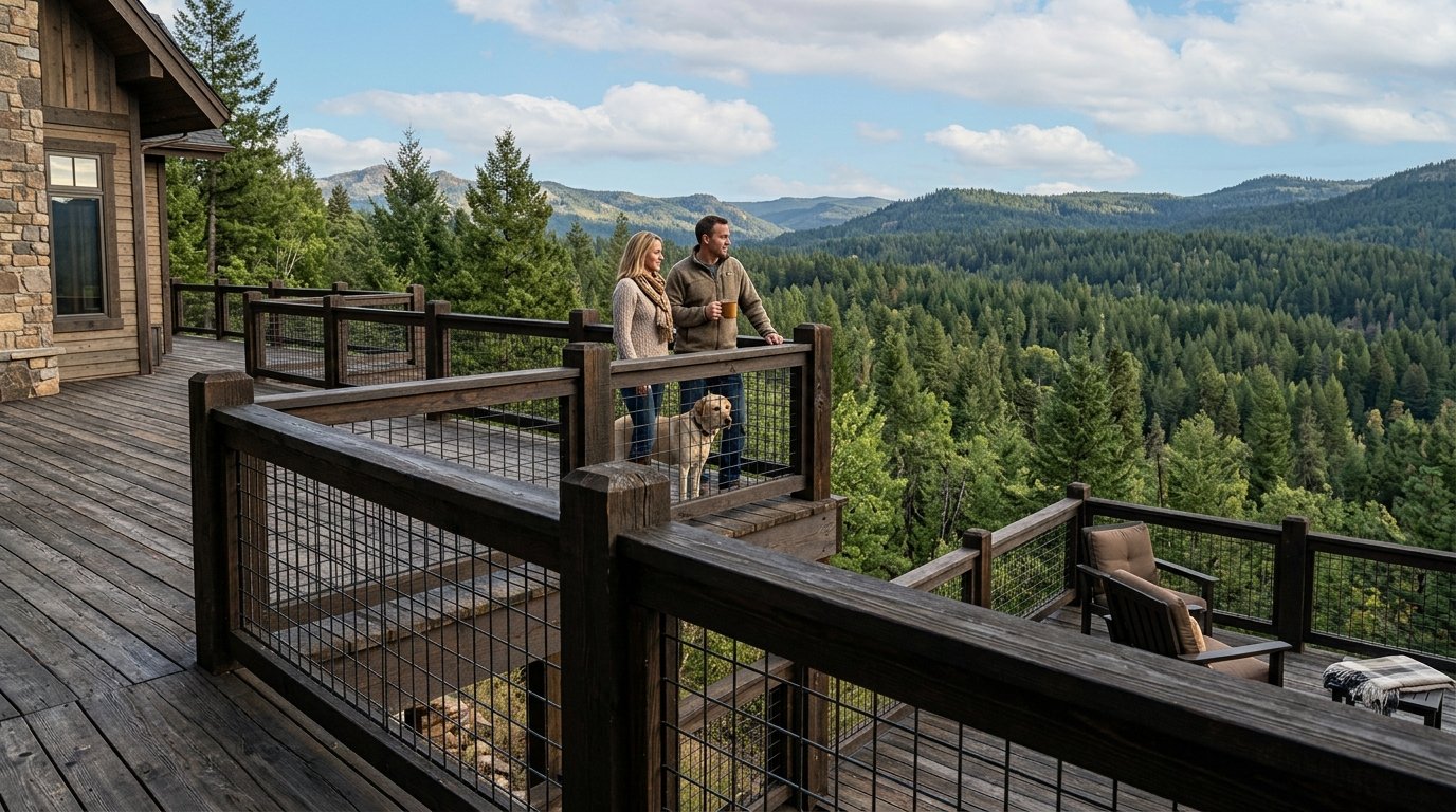 A man, woman, and their yellow dog look out over a pine tree forest from a high rustic deck.