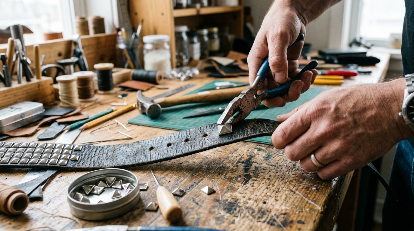 Close-up of leatherworker hands using pliers to press metal pyramid studs into a black leather belt.