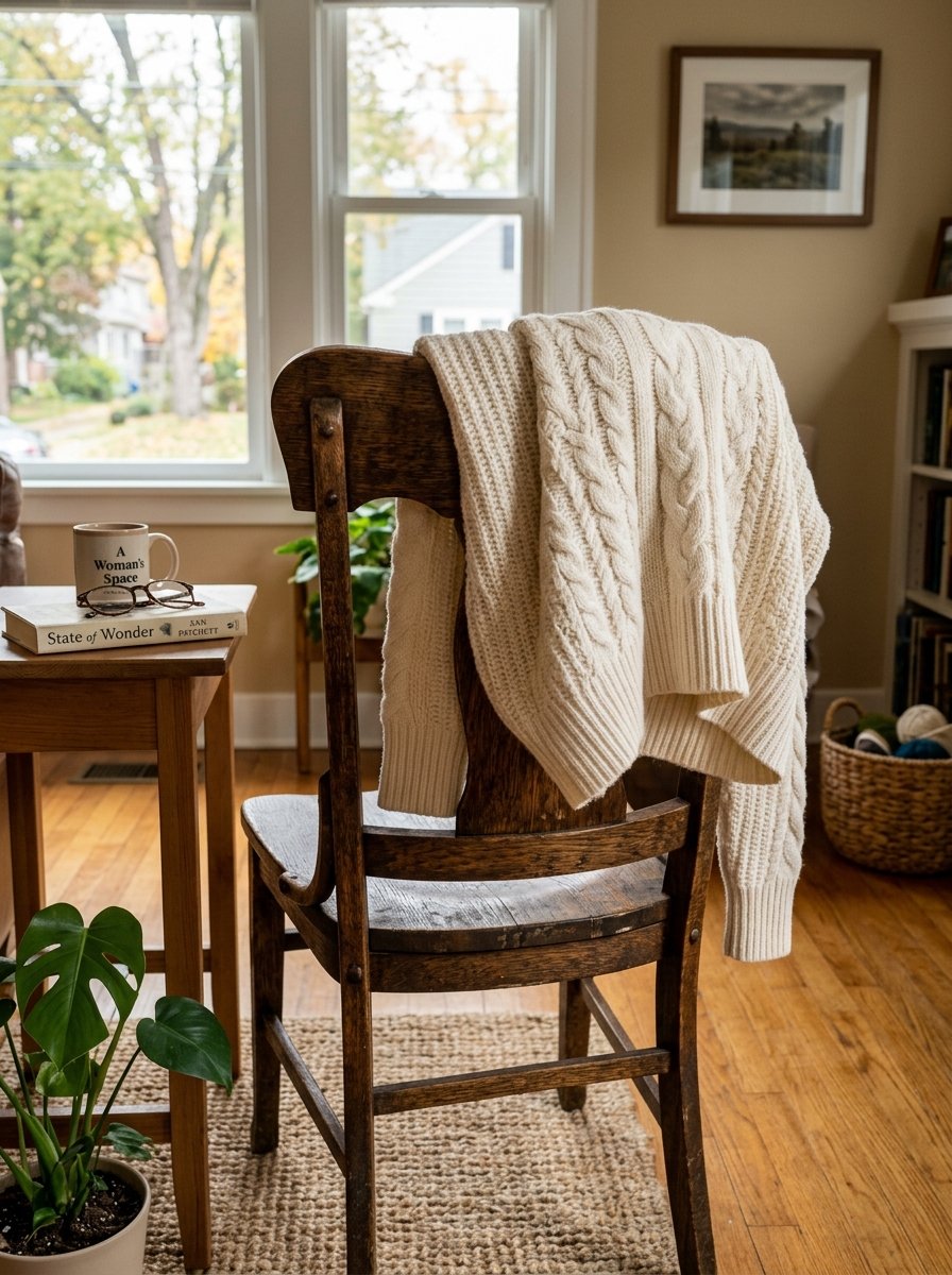 A soft ivory cable-knit sweater hanging on the back of a rustic wooden chair in a bright, sunlit room.