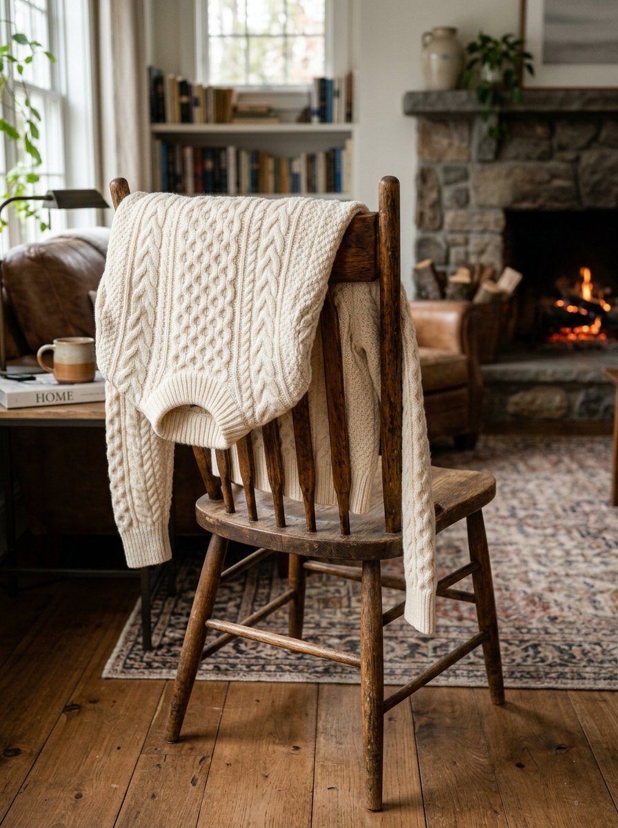 A beige cable-knit wool sweater hanging on a vintage wooden spindle chair near a warm fireplace.