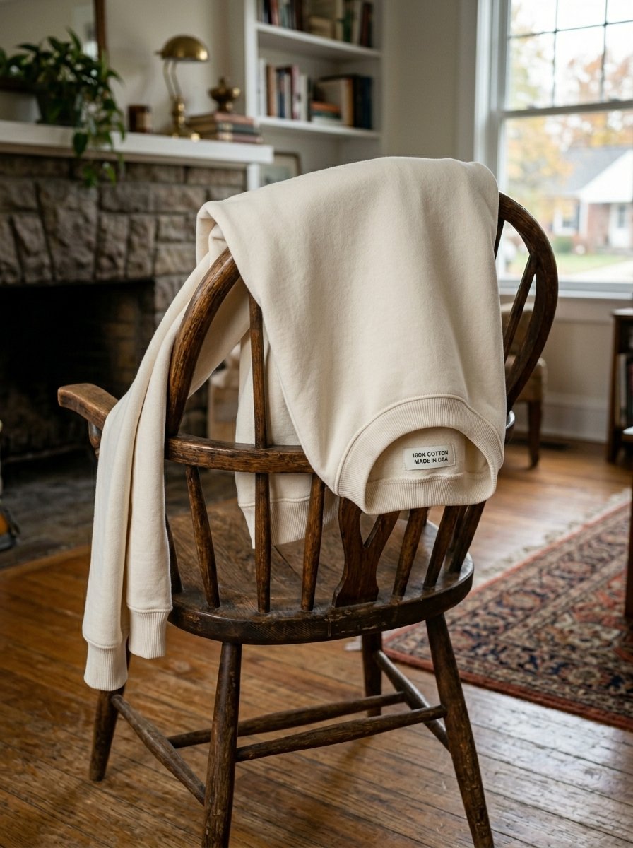 Close up of an off-white cotton sweater hanging on a dark wood chair in a cozy living room.