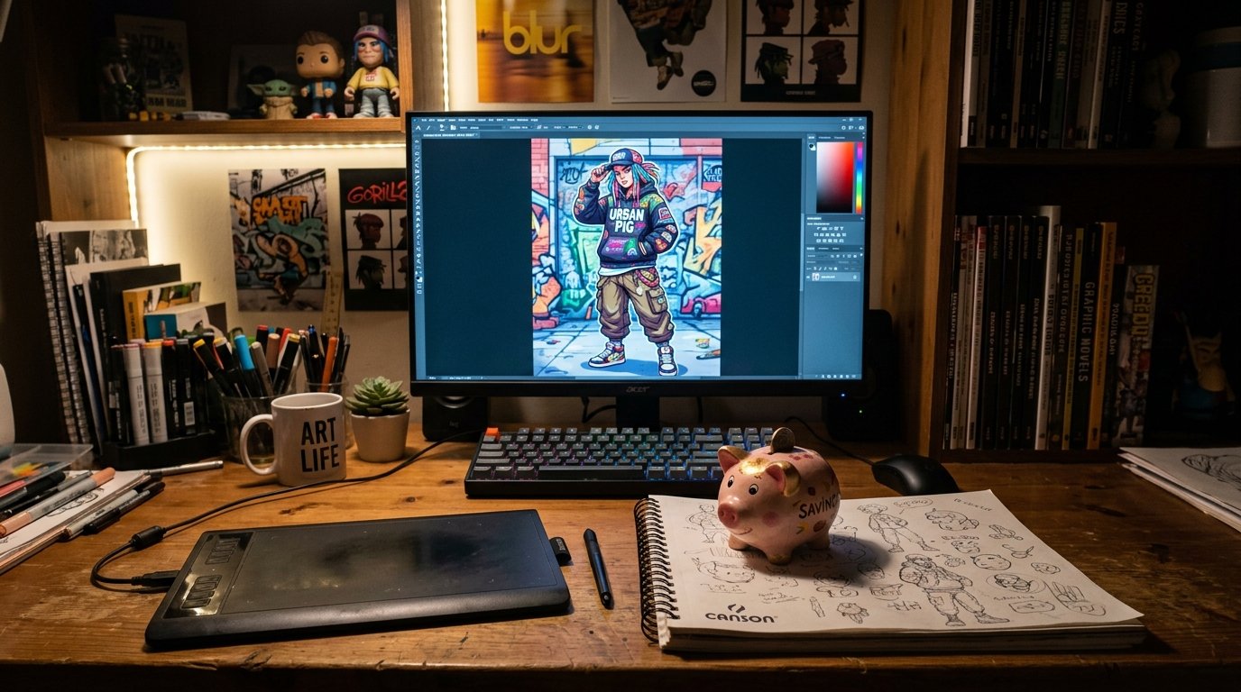 A desk with a graphics tablet, piggy bank, sketchbook, and computer screen displaying a character design.