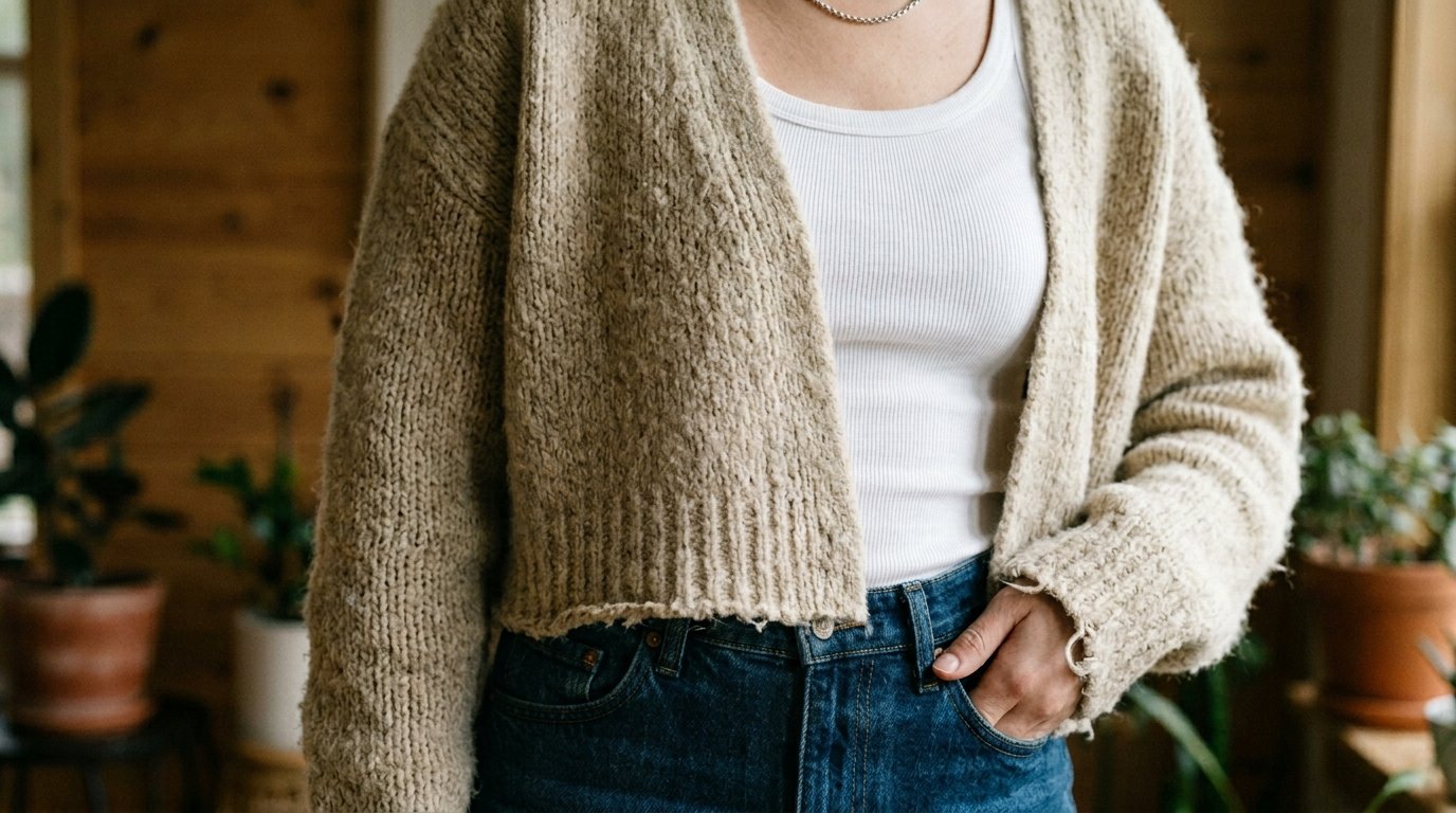 Close up of a person in a white tank top and blue jeans wearing a tan cropped knit sweater.