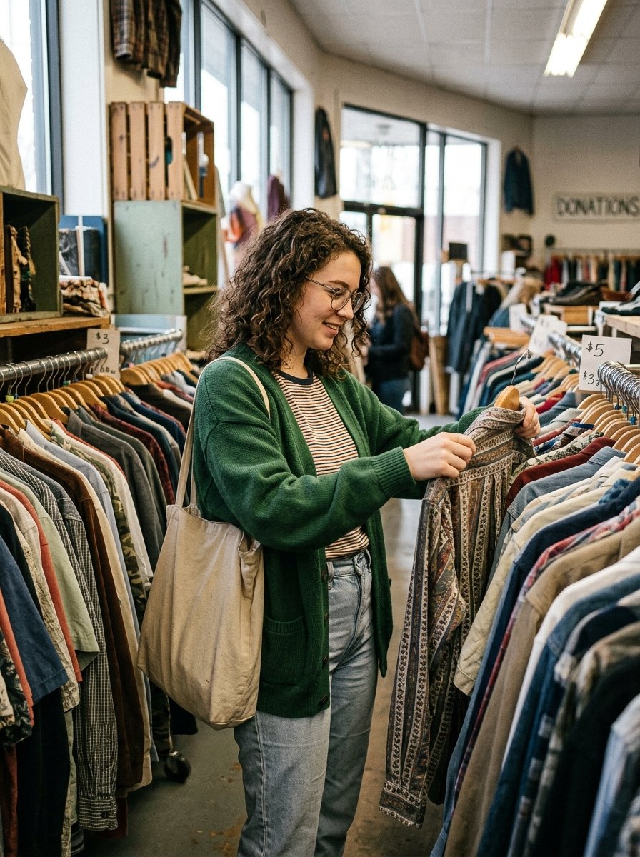 A smiling person in a green cardigan browsing through hangers of clothing at a thrift shop.
