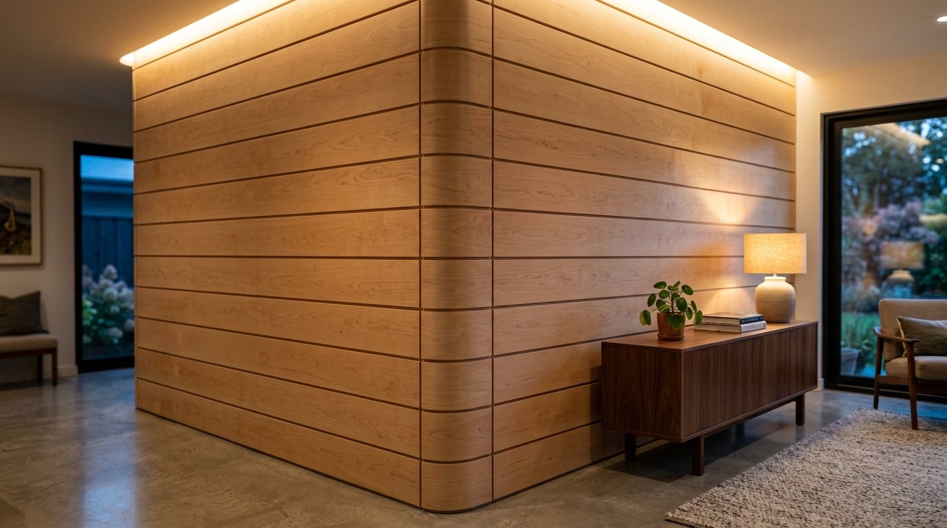 A smooth curved wood paneled wall stands in a minimalist living room with a walnut console and ambient lamp.