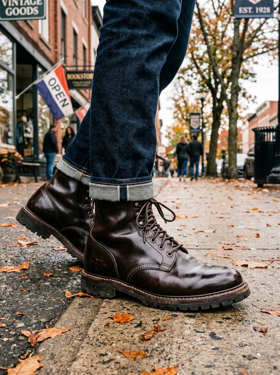 Close-up of polished dark brown leather lace-up boots worn with cuffed dark wash denim jeans on a leaf-covered street.
