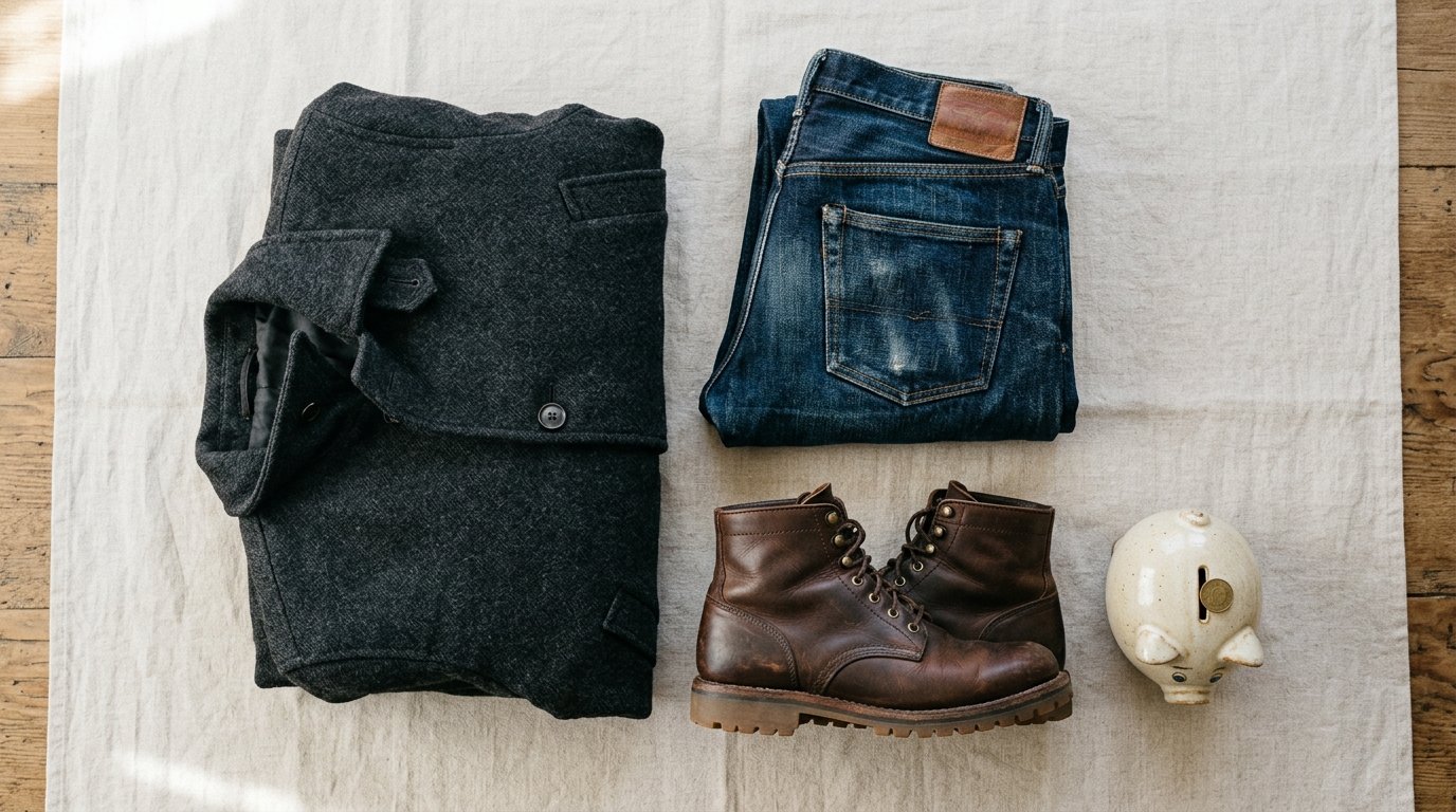 Folded dark wool jacket, blue denim jeans, brown leather boots, and a piggy bank on a linen surface.