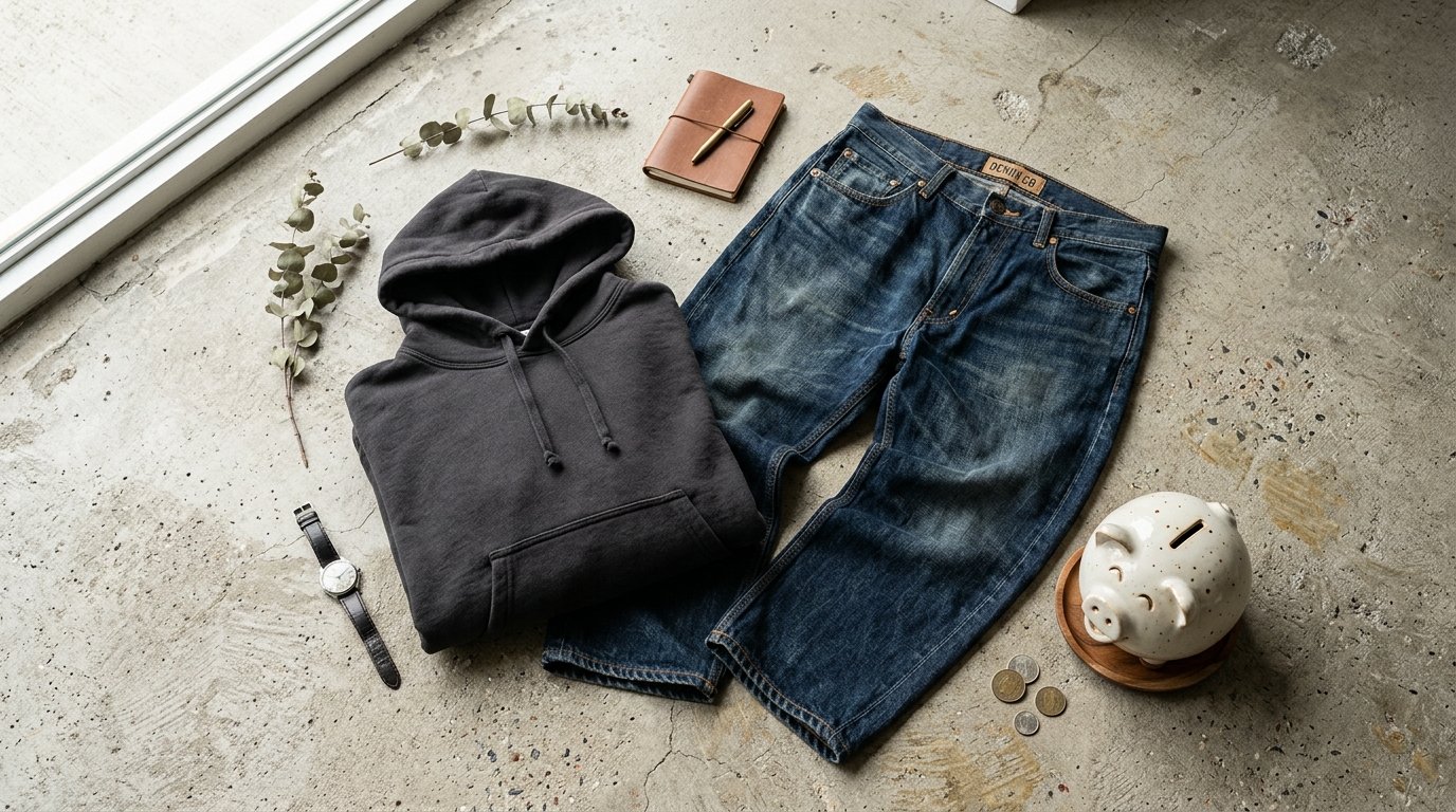 Flatlay of dark hoodie, blue jeans, leather notebook, watch, and piggy bank on concrete floor.