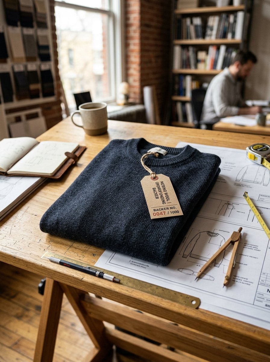 A navy wool sweater rests on technical clothing sketches beside a drafting compass and measuring tape.