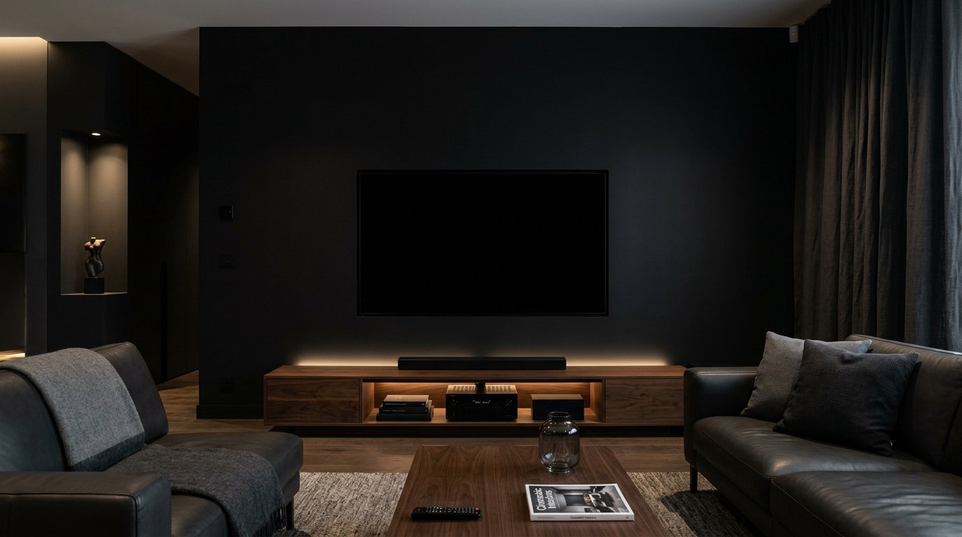 A dark, sophisticated interior featuring a wall-mounted television above a low wood media console with ambient lighting.