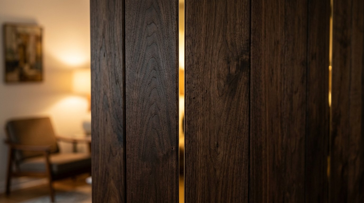 A narrow gap between dark vertical wood planks with a blurred cozy room visible in the background.