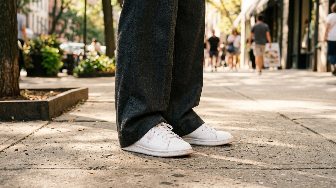 Close-up of a person's legs wearing long dark grey pants and classic white leather athletic shoes outdoors.