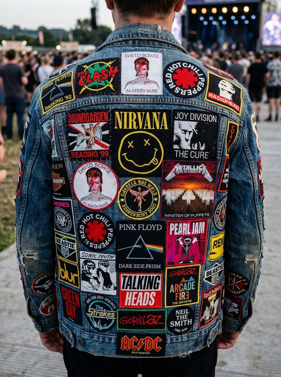 Close-up back view of a blue jean jacket adorned with patches of bands like Nirvana, Pink Floyd, and David Bowie.